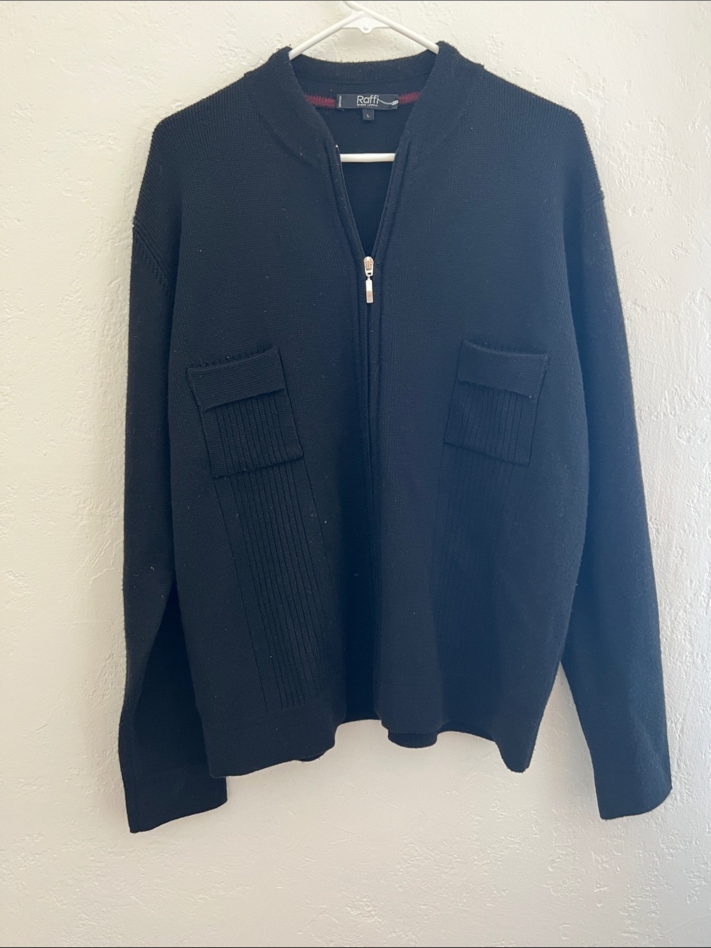 Raffi Linea Uomo Virgin Merino Wool Black Zip Cardigan Black Size Large